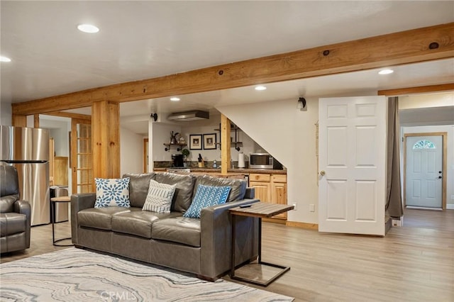 31297 All View Dr, Running Springs, CA 92382 - living area with beam ceiling, recessed lighting, light wood finished floors, bar area, and baseboards