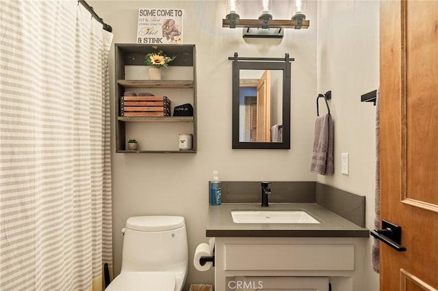 31297 All View Dr, Running Springs, CA 92382 - bathroom featuring vanity, toilet, and a shower with shower curtain