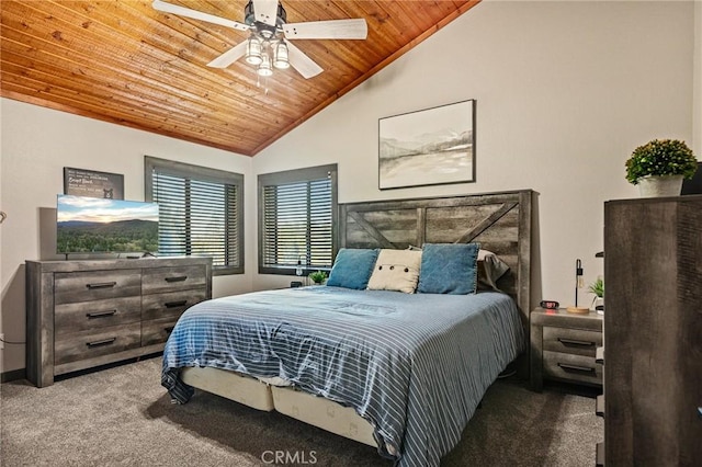 31297 All View Dr, Running Springs, CA 92382 - bedroom featuring carpet, wood ceiling, ceiling fan, baseboards, and high vaulted ceiling