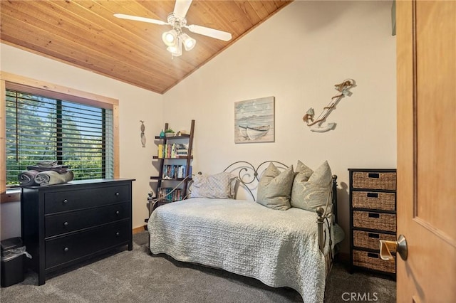31297 All View Dr, Running Springs, CA 92382 - bedroom featuring carpet, wood ceiling, vaulted ceiling, and a ceiling fan