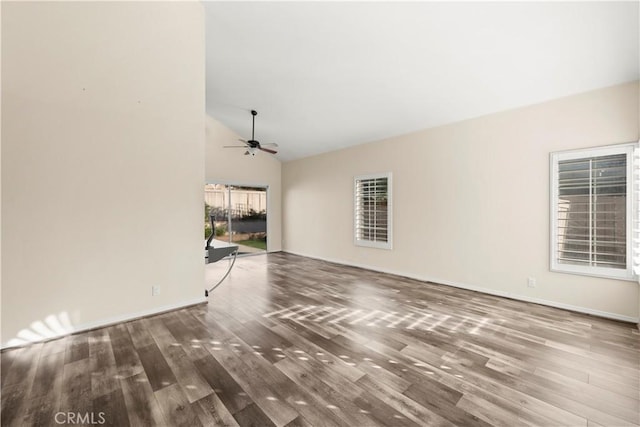 30470 Bayport Ln, Menifee, CA 92584 - unfurnished living room featuring wood finished floors, a ceiling fan, baseboards, and high vaulted ceiling