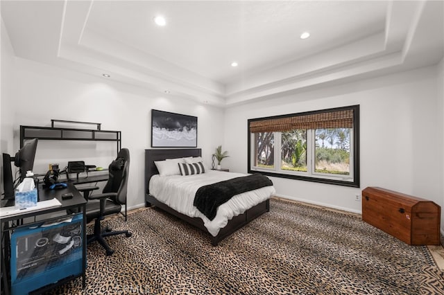 8790 King Ranch Rd, Rancho Cucamonga, CA 91701 - carpeted bedroom featuring a tray ceiling, recessed lighting, and an office area
