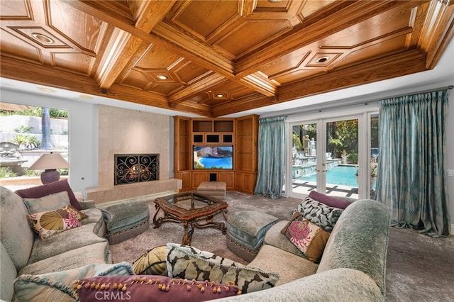 8790 King Ranch Rd, Rancho Cucamonga, CA 91701 - living area with french doors, carpet flooring, coffered ceiling, a wood ceiling with exposed beams, and ornamental molding