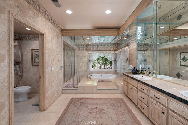 8790 King Ranch Rd, Rancho Cucamonga, CA 91701 - full bathroom with a bidet, a bath, double vanity, a stall shower, and recessed lighting