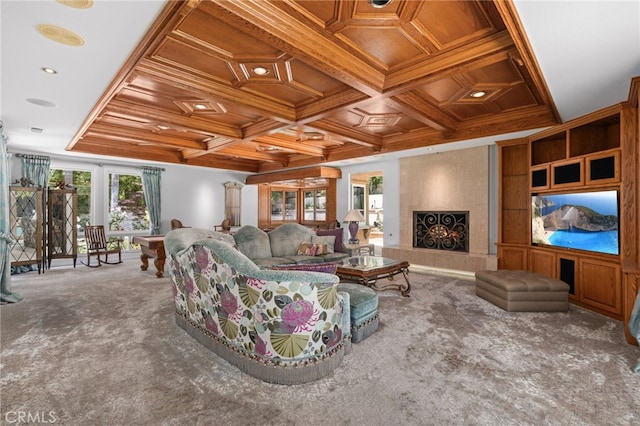 8790 King Ranch Rd, Rancho Cucamonga, CA 91701 - living area featuring carpet, coffered ceiling, crown molding, a lit fireplace, and beamed ceiling