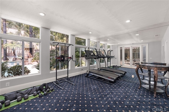 8790 King Ranch Rd, Rancho Cucamonga, CA 91701 - gym featuring french doors, recessed lighting, carpet floors, and healthy amount of natural light