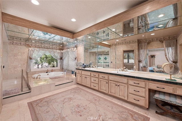 8790 King Ranch Rd, Rancho Cucamonga, CA 91701 - full bath with a bath, double vanity, recessed lighting, a shower stall, and tile patterned floors