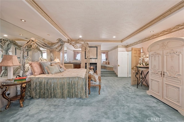 8790 King Ranch Rd, Rancho Cucamonga, CA 91701 - bedroom with carpet floors, ornamental molding, recessed lighting, and wallpapered walls