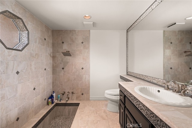 8790 King Ranch Rd, Rancho Cucamonga, CA 91701 - bathroom featuring walk in shower, vanity, tile patterned flooring, and recessed lighting