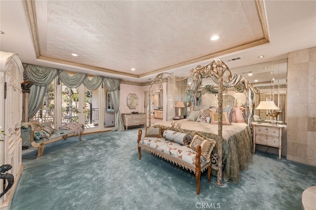 8790 King Ranch Rd, Rancho Cucamonga, CA 91701 - bedroom featuring a tray ceiling, carpet, access to exterior, crown molding, and recessed lighting