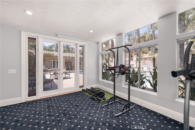 8790 King Ranch Rd, Rancho Cucamonga, CA 91701 - workout area featuring carpet, plenty of natural light, recessed lighting, and french doors