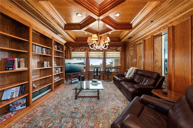 8790 King Ranch Rd, Rancho Cucamonga, CA 91701 - living area with crown molding, a wooden ceiling with exposed beams, wooden walls, a chandelier, and coffered ceiling