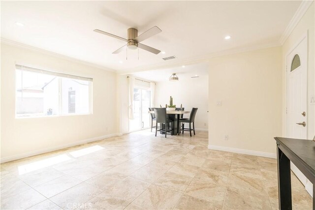 5402 N Fairvalley Ave, Covina, CA 91722 - dining space featuring crown molding, a ceiling fan, and recessed lighting