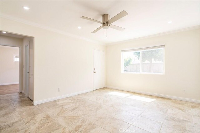 5402 N Fairvalley Ave, Covina, CA 91722 - spare room with crown molding, a ceiling fan, recessed lighting, and light tile patterned floors