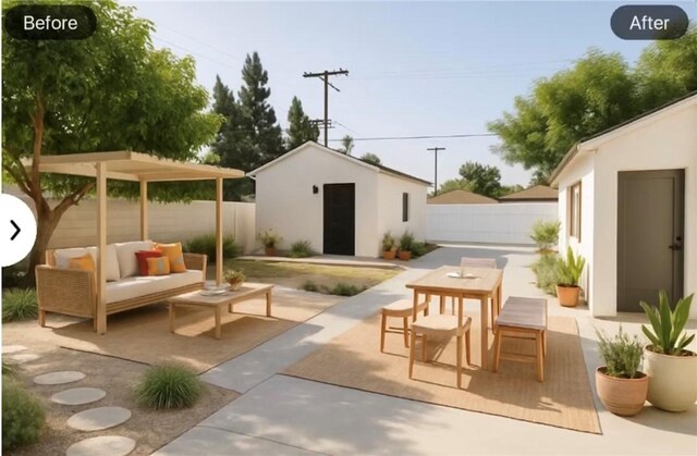 5402 N Fairvalley Ave, Covina, CA 91722 - fenced backyard with a patio, an outbuilding, outdoor dining space, and an outdoor hangout area
