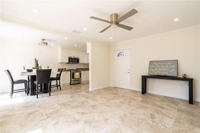 5402 N Fairvalley Ave, Covina, CA 91722 - kitchen featuring stainless steel appliances, crown molding, ceiling fan, and recessed lighting