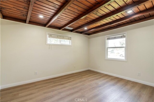 5402 N Fairvalley Ave, Covina, CA 91722 - unfurnished room featuring a wooden ceiling with exposed beams, healthy amount of natural light, and light wood finished floors