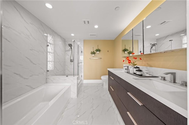 2939 Leeward Ave Unit 415, Los Angeles, CA 90005 - full bath with a garden tub, double vanity, a marble finish shower, toilet, and marble finish flooring