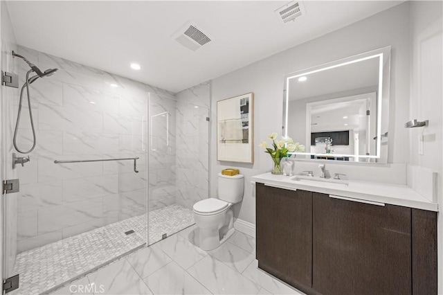 2939 Leeward Ave Unit 415, Los Angeles, CA 90005 - bathroom featuring marble finish flooring, toilet, recessed lighting, a marble finish shower, and vanity
