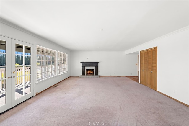 31593 Aguacate Rd, San Juan Capistrano, CA 92675 - unfurnished living room with french doors, a premium fireplace, ornamental molding, carpet, and baseboards