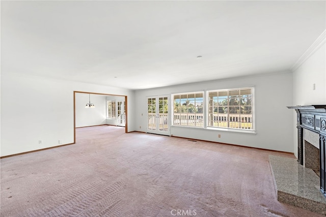 31593 Aguacate Rd, San Juan Capistrano, CA 92675 - unfurnished living room with a fireplace, crown molding, carpet, and baseboards