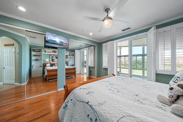 1139 Prussian, Oceanside, CA 92057 - bedroom featuring crown molding, wood finished floors, recessed lighting, access to exterior, and ceiling fan