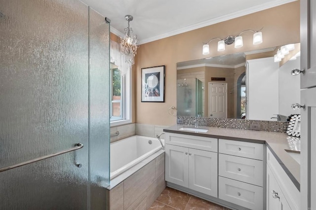 1139 Prussian, Oceanside, CA 92057 - bathroom featuring vanity, a garden tub, a shower stall, a chandelier, and crown molding