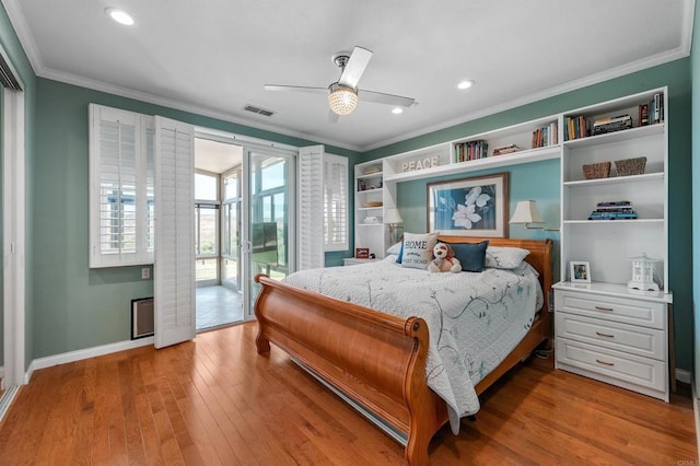 1139 Prussian, Oceanside, CA 92057 - bedroom featuring access to outside, wood finished floors, recessed lighting, ornamental molding, and a ceiling fan