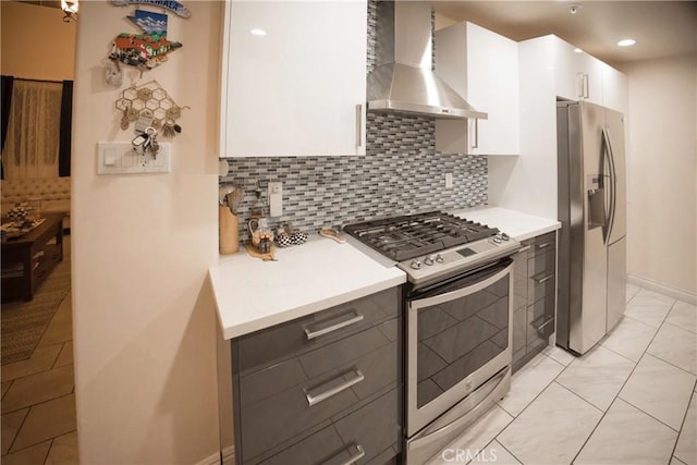 136541/2 Dronfield Ave, Sylmar, CA 91342 - kitchen featuring stainless steel appliances, wall chimney exhaust hood, white cabinetry, backsplash, and light countertops