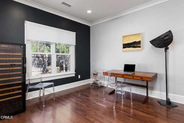 2157 Santa Anita Ave, Altadena, CA 91001 - home office featuring wood-type flooring, baseboards, ornamental molding, recessed lighting, and wine cooler