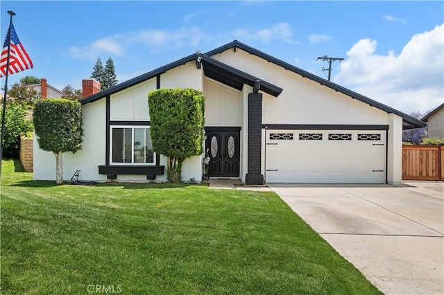 5996 Winncliff Dr, Jurupa Valley, CA 92509 - view of front of property featuring concrete driveway, a garage, stucco siding, a front lawn, and a chimney