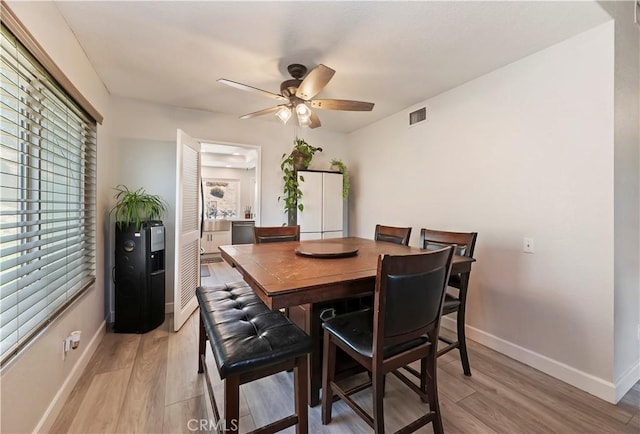 5996 Winncliff Dr, Jurupa Valley, CA 92509 - dining room with a ceiling fan, light wood finished floors, and baseboards