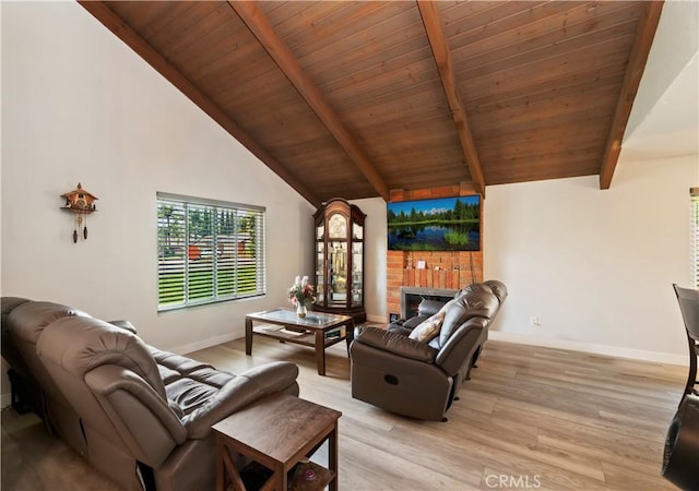 5996 Winncliff Dr, Jurupa Valley, CA 92509 - living area featuring a fireplace, baseboards, wooden ceiling, and light wood-style floors