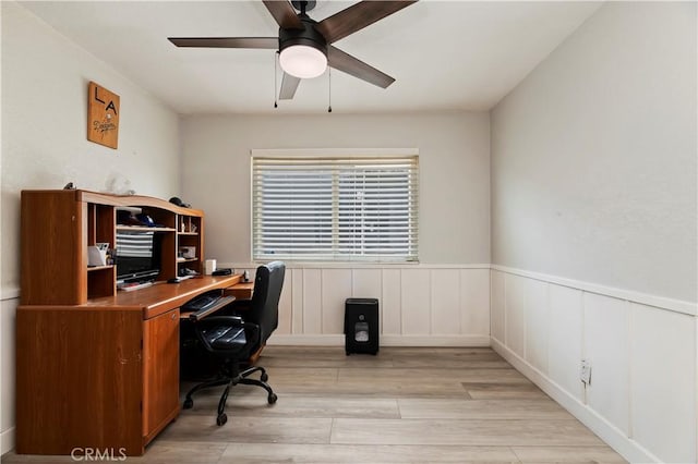 5996 Winncliff Dr, Jurupa Valley, CA 92509 - office space featuring wainscoting, a ceiling fan, and light wood-type flooring