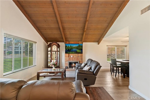5996 Winncliff Dr, Jurupa Valley, CA 92509 - living area featuring a fireplace, wood ceiling, baseboards, and wood finished floors
