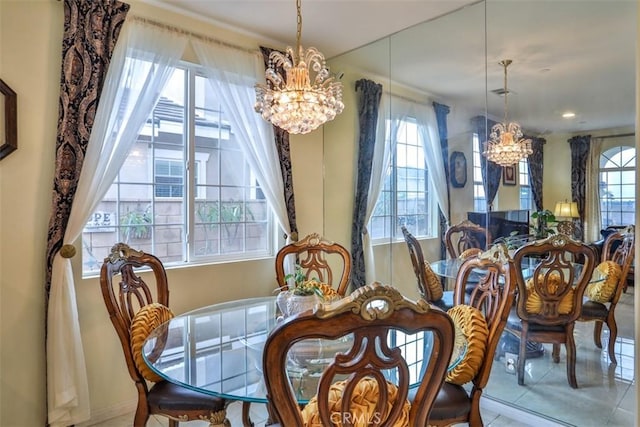 13256 Garcia Ct, Rancho Cucamonga, CA 91739 - dining area with a chandelier, plenty of natural light, tile patterned flooring, and recessed lighting