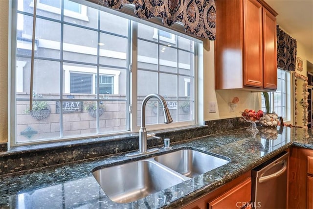 13256 Garcia Ct, Rancho Cucamonga, CA 91739 - kitchen with a sink, brown cabinets, dishwasher, and dark stone counters
