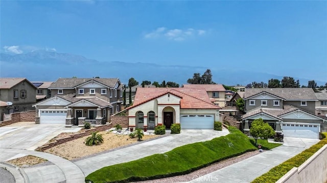 13256 Garcia Ct, Rancho Cucamonga, CA 91739 - view of front facade with a residential view, a tile roof, concrete driveway, stucco siding, and a garage