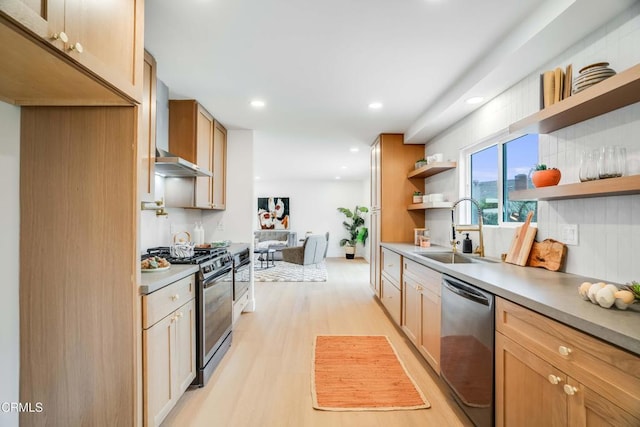 12938 Guadalajara Cir, Cerritos, CA 90703 - kitchen featuring appliances with stainless steel finishes, a sink, open shelves, wall chimney range hood, and light wood-style floors