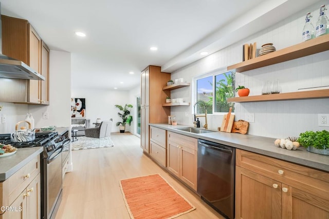 12938 Guadalajara Cir, Cerritos, CA 90703 - kitchen with stainless steel appliances, a sink, open shelves, wall chimney exhaust hood, and recessed lighting