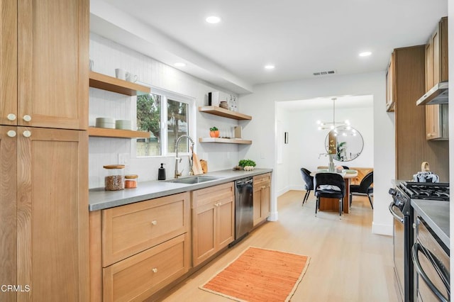 12938 Guadalajara Cir, Cerritos, CA 90703 - kitchen featuring open shelves, stainless steel appliances, a sink, light wood-style floors, and recessed lighting