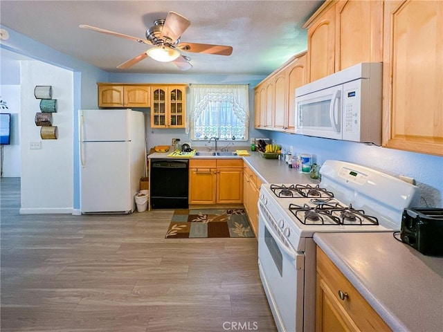 45439 Lorimer Ave, Lancaster, CA 93534 - kitchen featuring white appliances, a sink, light wood finished floors, light countertops, and light brown cabinets