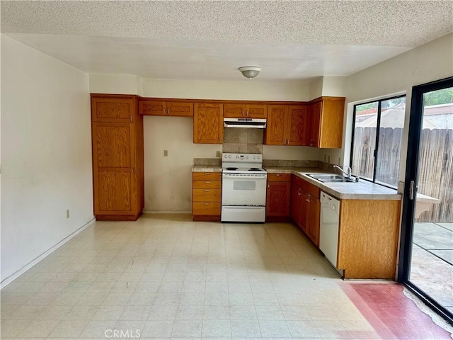 2802 Via Diego, Carlsbad, CA 92010 - kitchen with white appliances, under cabinet range hood, brown cabinets, a sink, and light countertops