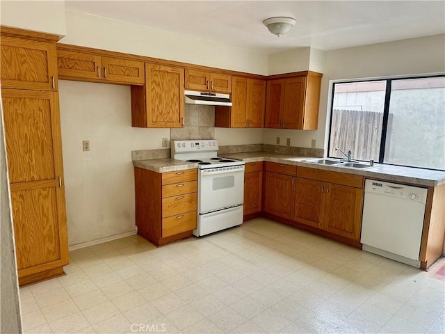 2802 Via Diego, Carlsbad, CA 92010 - kitchen featuring white appliances, under cabinet range hood, brown cabinetry, and a sink