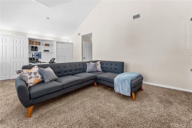 2074 Redgrove Way, Upland, CA 91784 - carpeted living room featuring baseboards and high vaulted ceiling