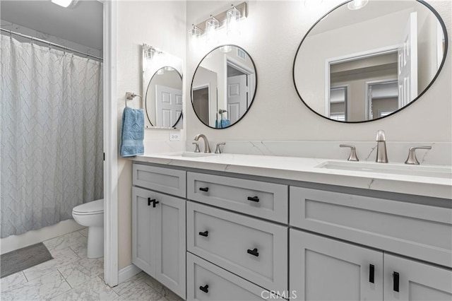 2074 Redgrove Way, Upland, CA 91784 - bathroom featuring marble look tile flooring, double vanity, and a shower with shower curtain