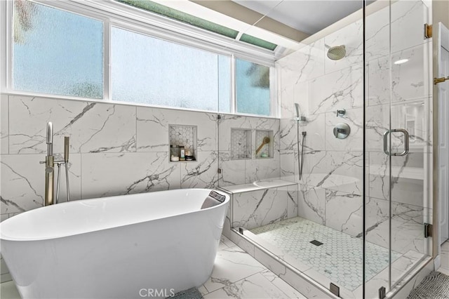 2074 Redgrove Way, Upland, CA 91784 - bathroom featuring a freestanding tub, marble finish flooring, and a marble finish shower
