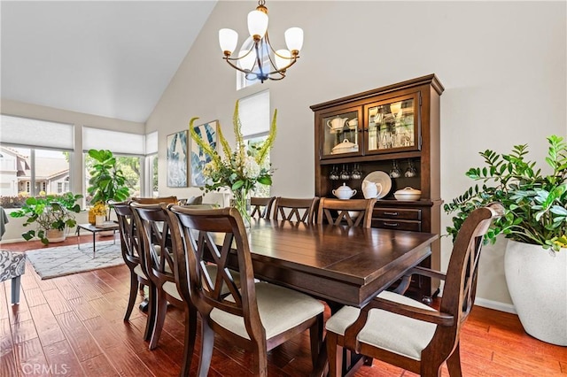 2074 Redgrove Way, Upland, CA 91784 - dining area with high vaulted ceiling, a chandelier, and wood finished floors