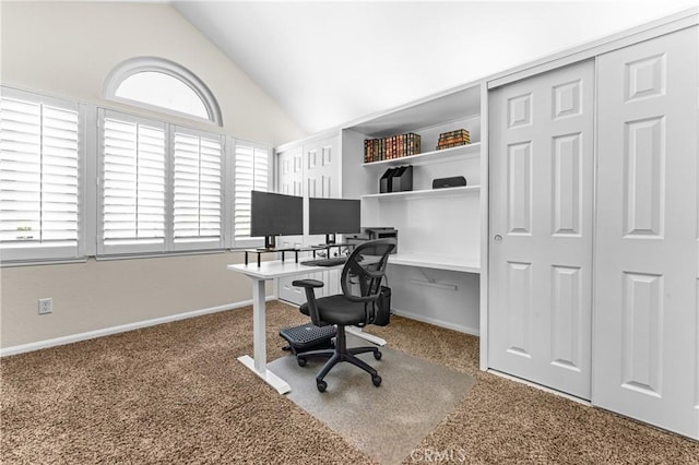 2074 Redgrove Way, Upland, CA 91784 - home office featuring carpet flooring, plenty of natural light, vaulted ceiling, and built in desk