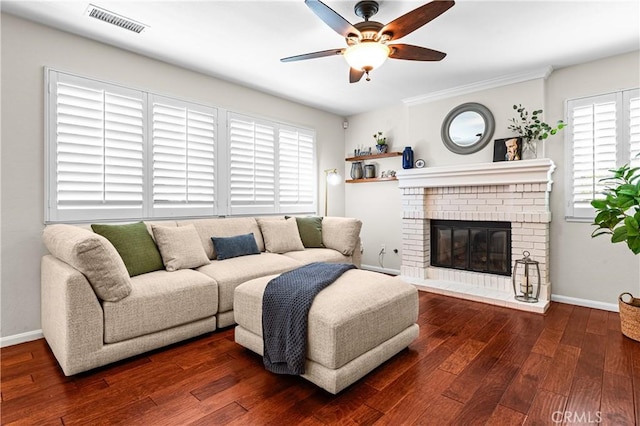 2074 Redgrove Way, Upland, CA 91784 - living area with ceiling fan, wood finished floors, and a fireplace